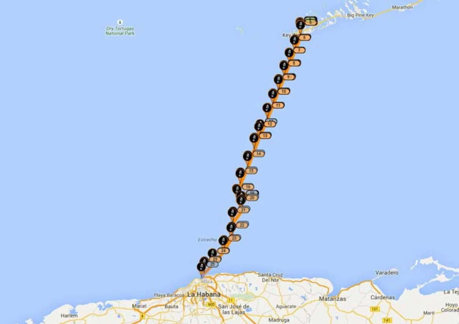 Roger Klüh's record-breaking USA to Cuba speedboat route map.