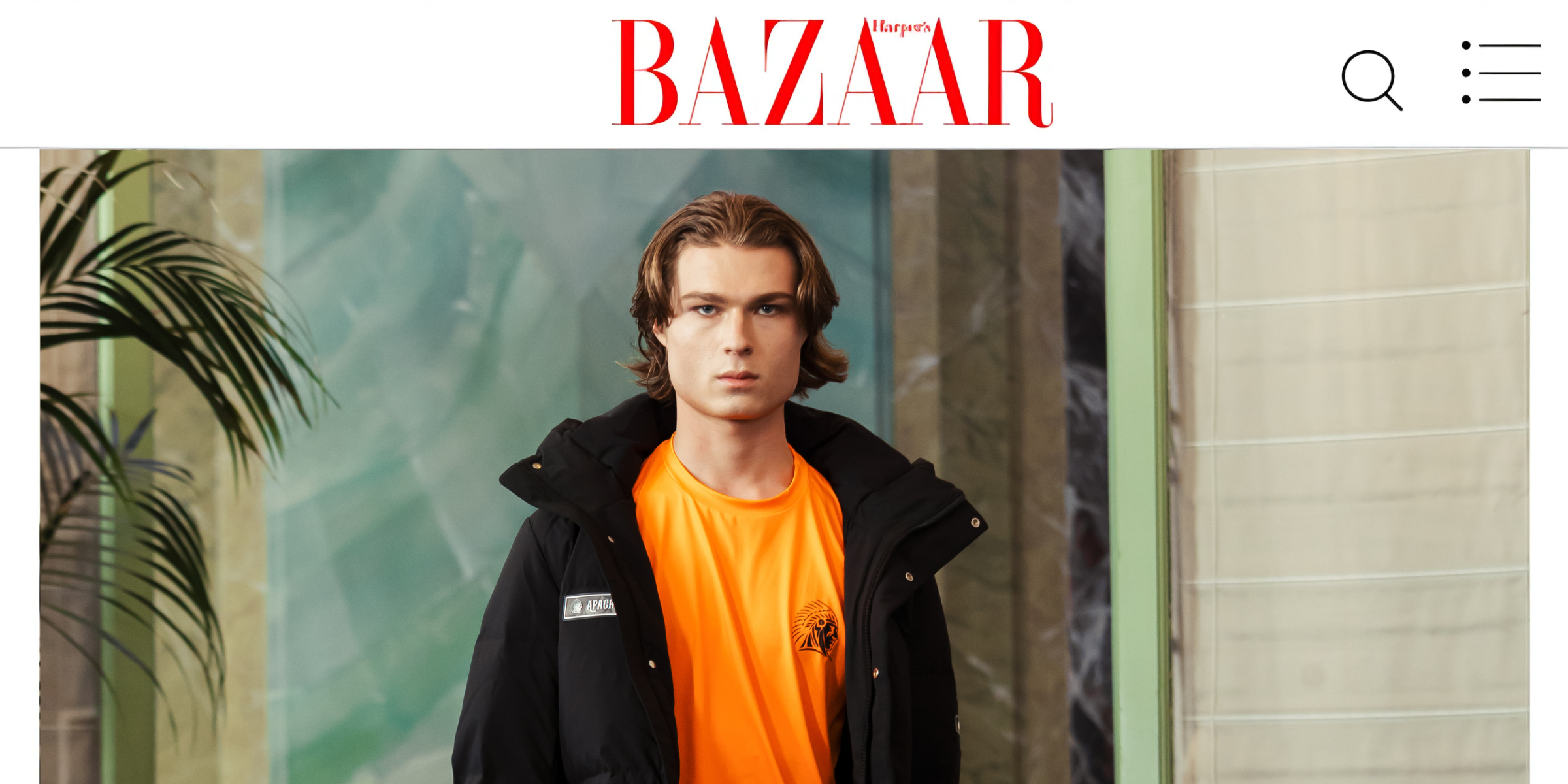 Model wears APACHE STAR jacket AMERICAN ANCHORAGE at Paris Fashion Week for Harper's BAZAAR.