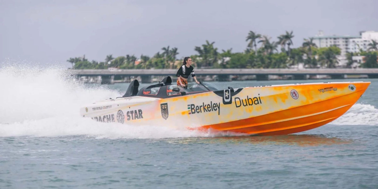 High-speed Klüh racing boat APACHE STAR with Hollywood appeal on water while filming for John Travoltas Speed Kills movie trailer.