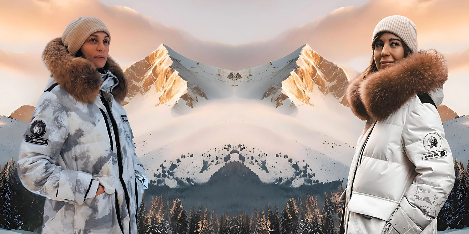 Trailblazing APACHE STAR winter fashion in snowy mountain landscape presented by Lilly Becker and Jessica Frühbrodt