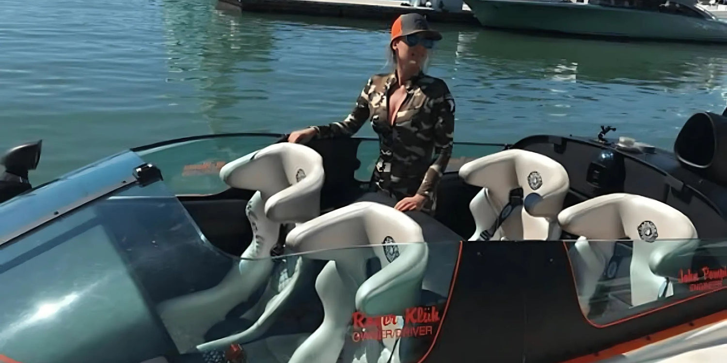 Jessica Josefine Frühbrodt aboard World Record Setter Roger Klüh´s powerboat APACHE STAR in Miami Beach.