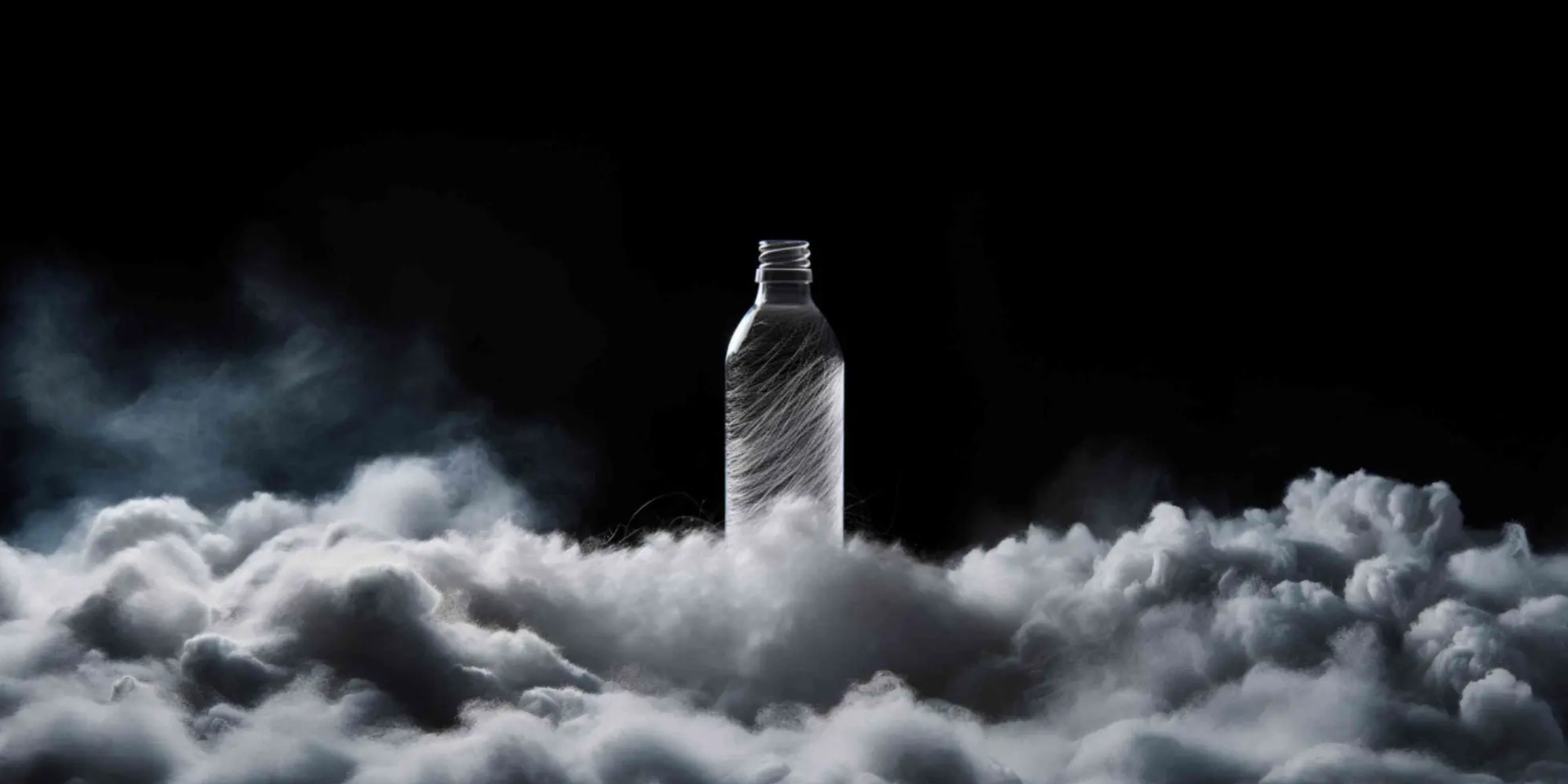 Recycled ocean plastic bottle emerging from clouds in dramatic lighting.