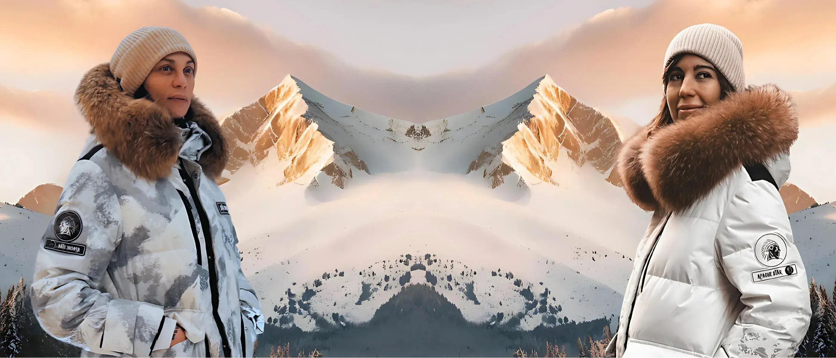 Lilly Becker & APACHE STAR Owner, Designer & CEO Jessica Frühbrodt in APACHE STAR Down Jackets & Coats from TIDAL TACTICS EXPEDITION collection from PFW against mirrored snowy mountain backdrop at sunset.