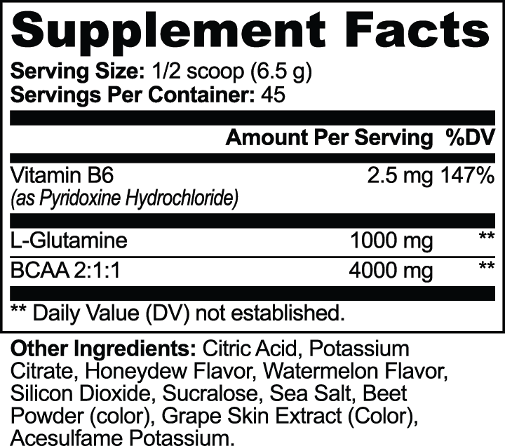 Supplement Facts label for APACHE STAR® BCAA Post Workout Powder showing ½ scoop (6.5 g) per serving, 45 servings, 4,000 mg BCAA 2:1:1 and 1,000 mg L-glutamine