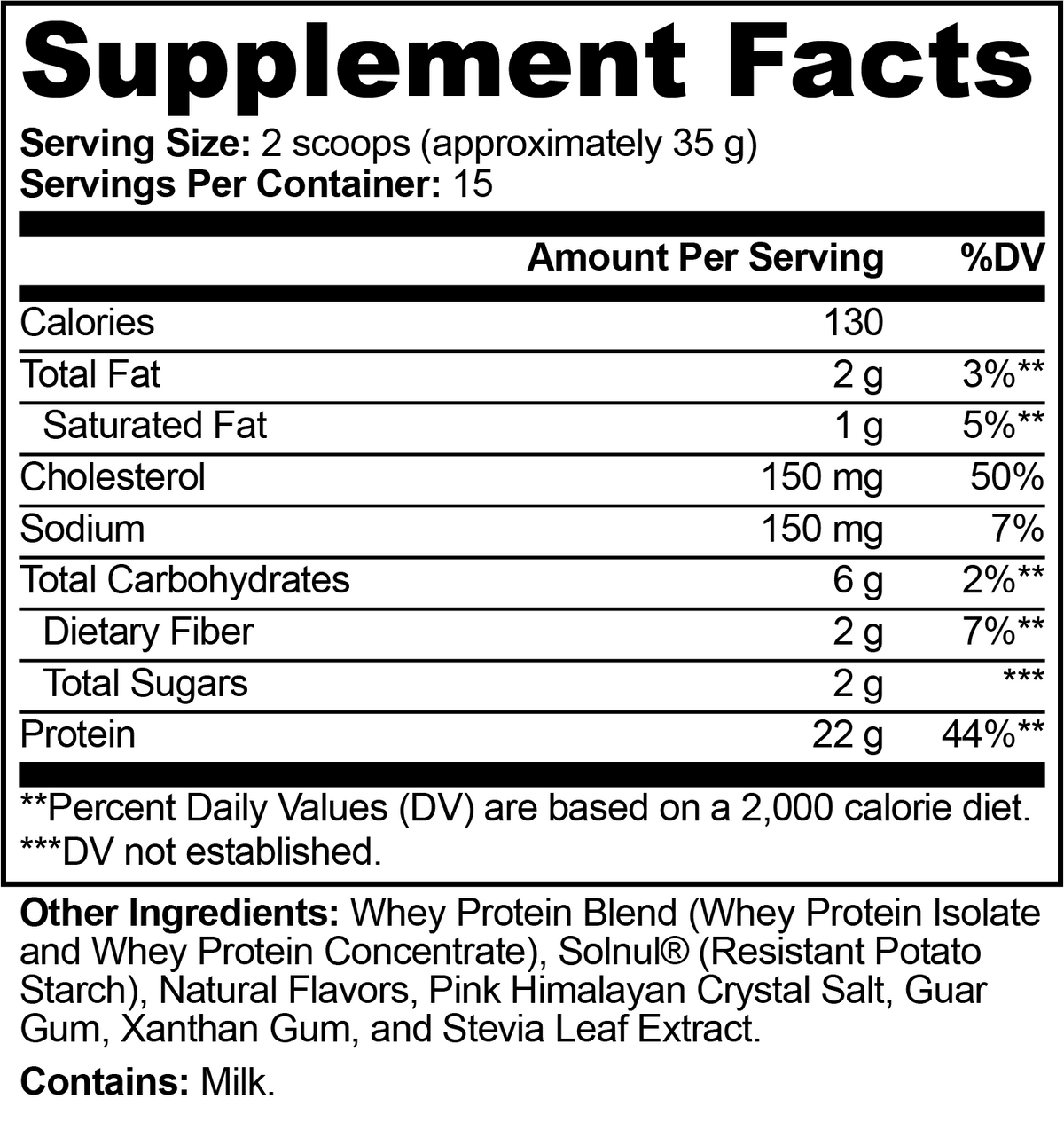 Supplement Facts label for APACHE STAR® Chocolate Whey Protein Blend showing 2 scoops (35 g) serving size, 15 servings per container and 22 g protein