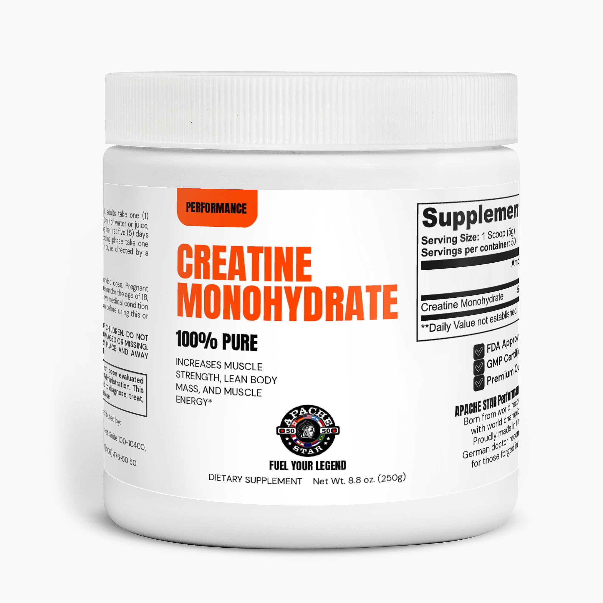 CREATINE MONOHYDRATE Muscle Builder Supplement by APACHE STAR in a white 250g container. Enhances lean muscle, energy, and workout performance.