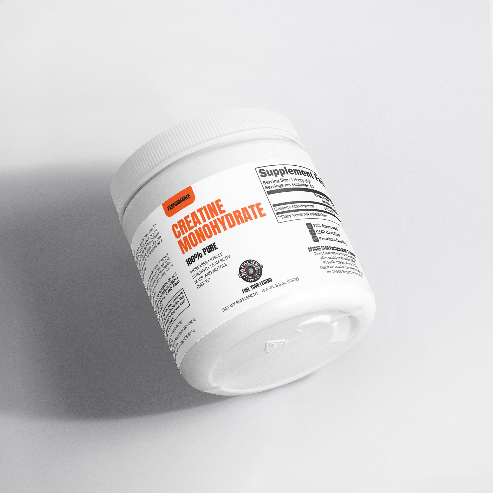 Tilted view of CREATINE MONOHYDRATE supplement by APACHE STAR jar showing label details. Vegan, non-GMO, and gluten-free for men’s and women’s health.