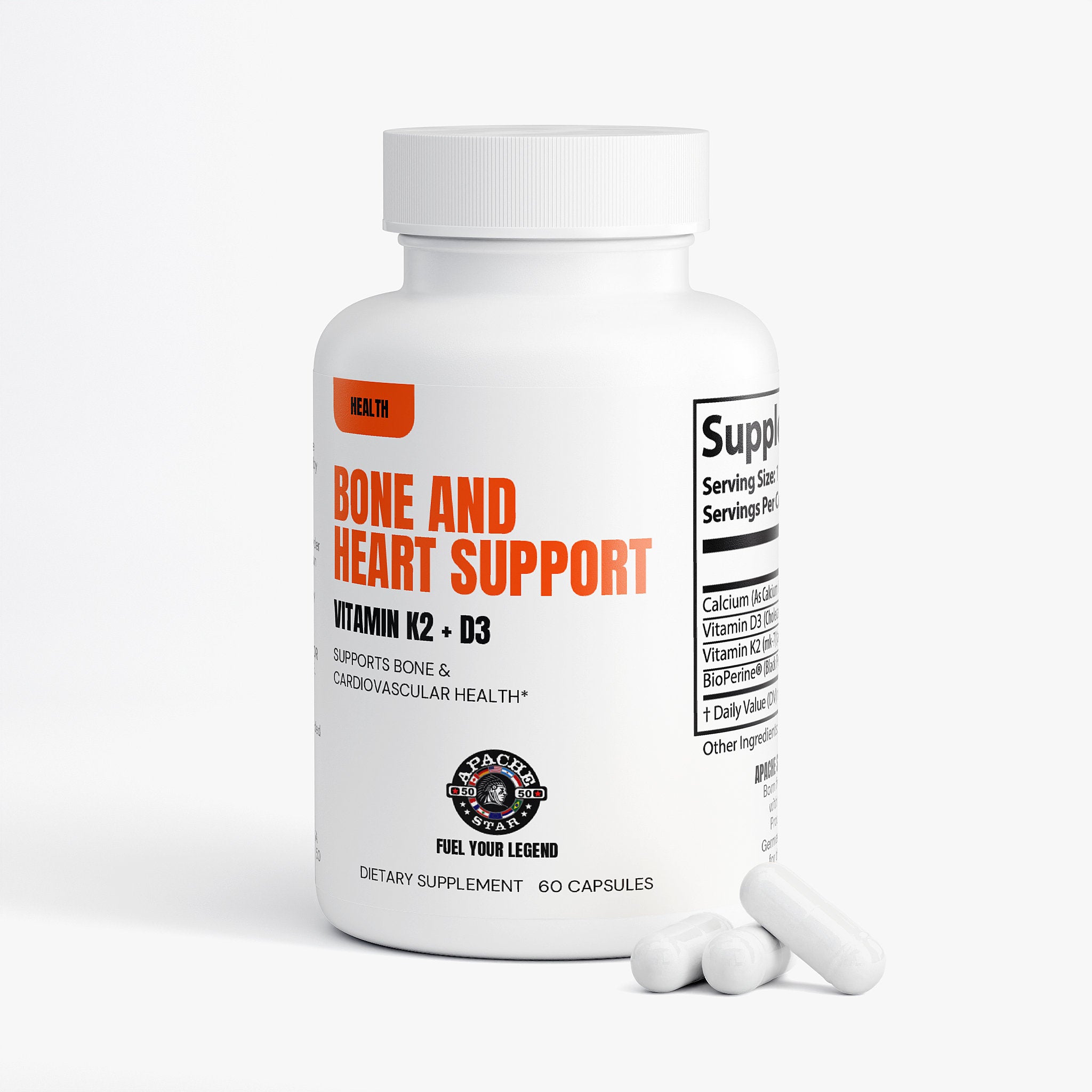 Bone & Heart Support bottle by APACHE STAR with three capsules displayed, promoting joint, bone, and heart health with Vitamin D3 and K2.