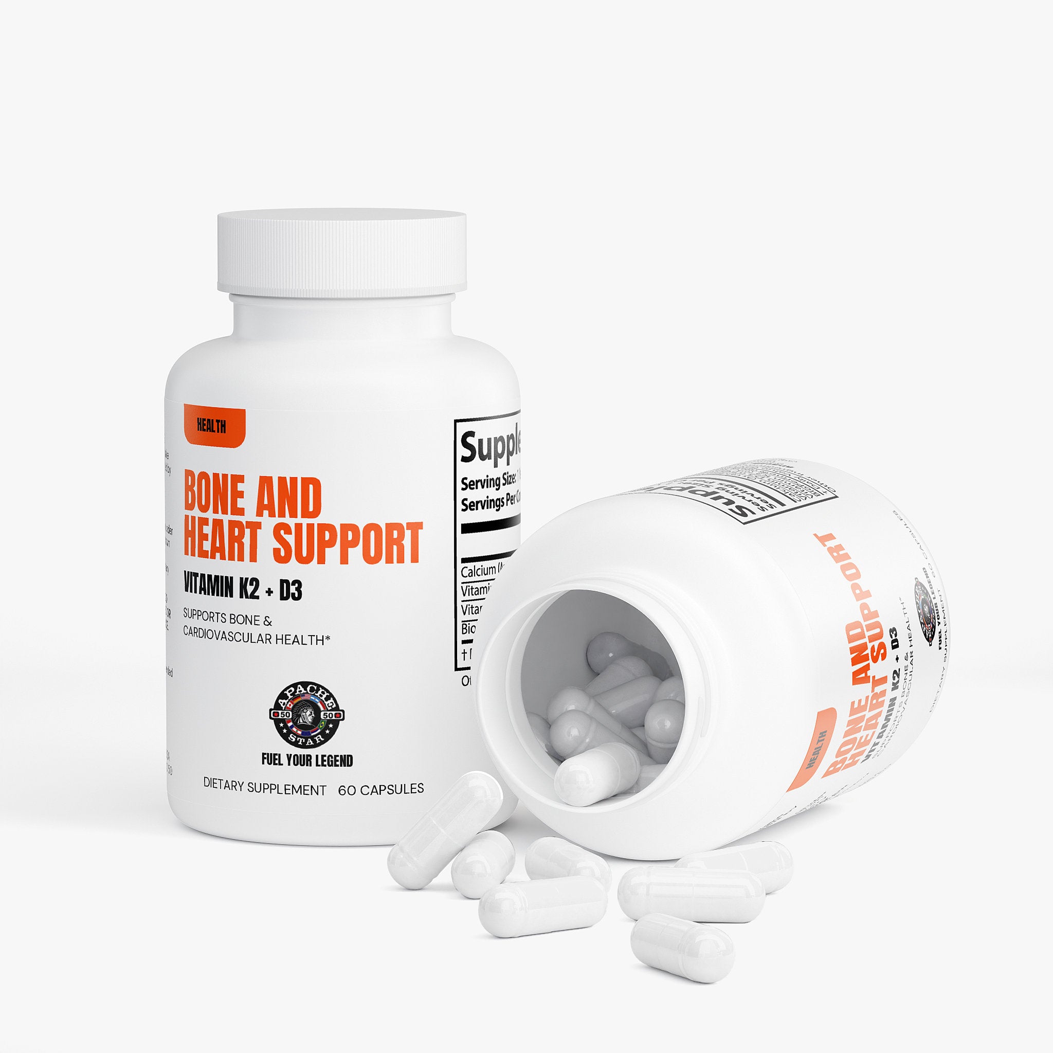 Bone & Heart Support bottles by APACHE STAR with capsules spilled out, highlighting easy-to-take Vitamin D3 K2 supplement for holistic health.