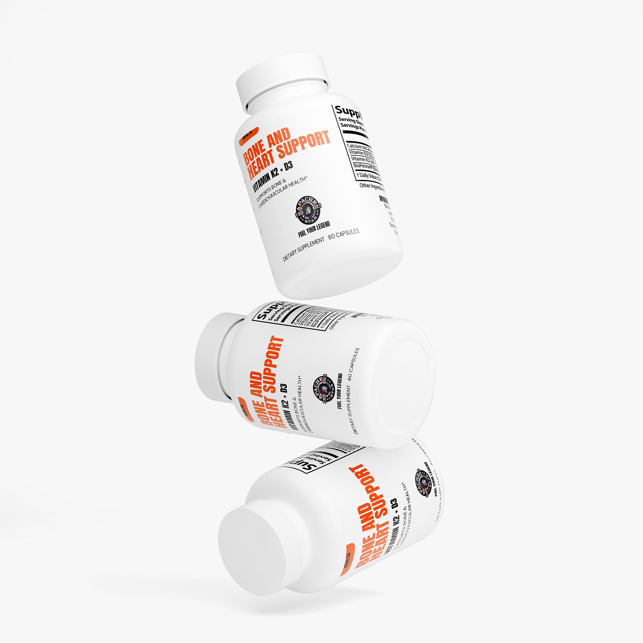Three floating Bone & Heart Support supplement bottles by APACHE STAR emphasizing dynamic packaging for bone and cardiovascular wellness.