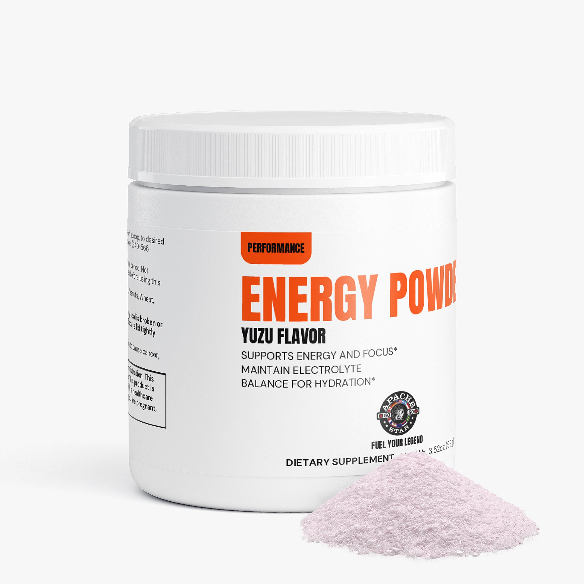 APACHE STAR Yuzu Energy Powder container with powder pile in front. Sugar-free energy drink mix for hydration, memory, and performance support.