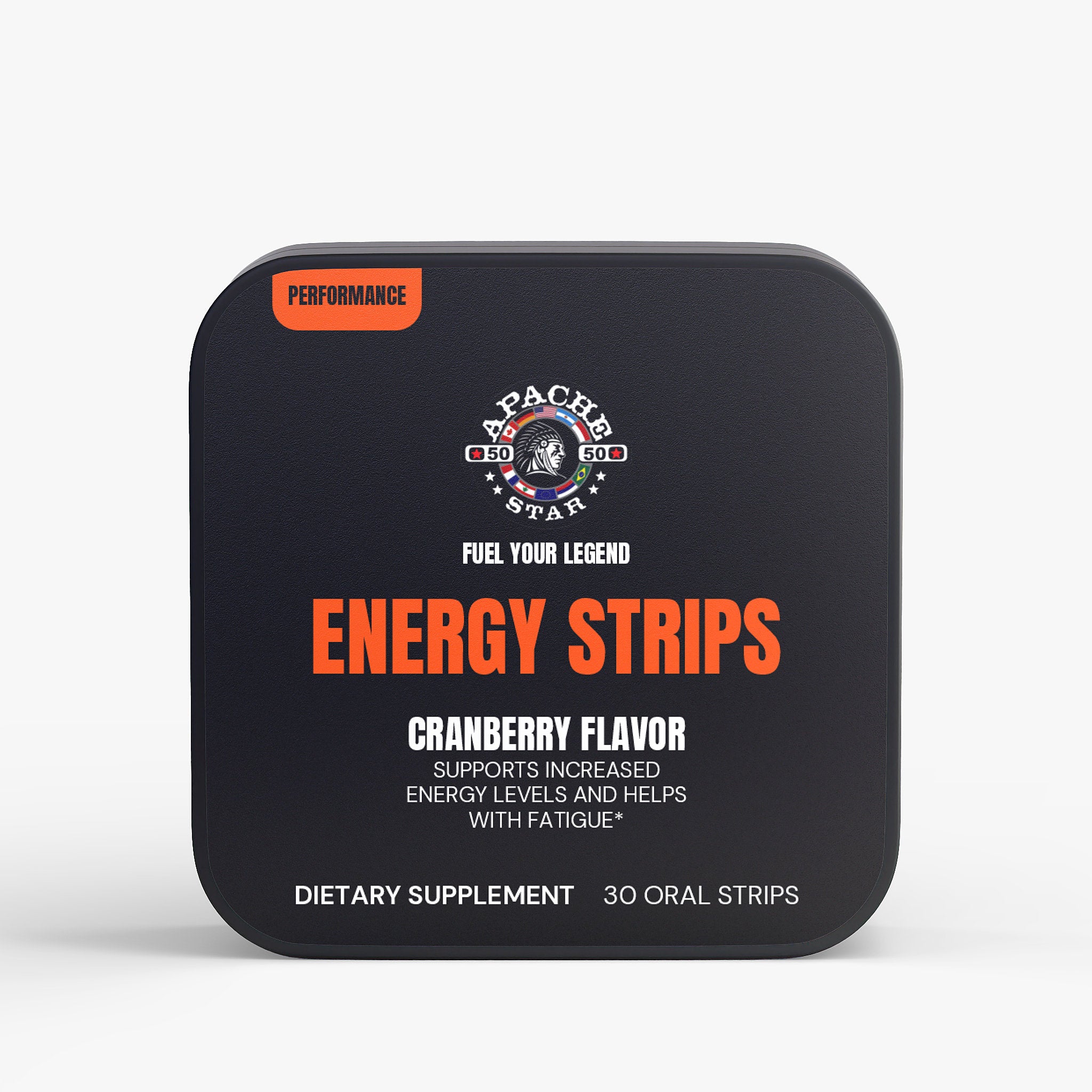 Open tin showing red oral strips with peel here sticker