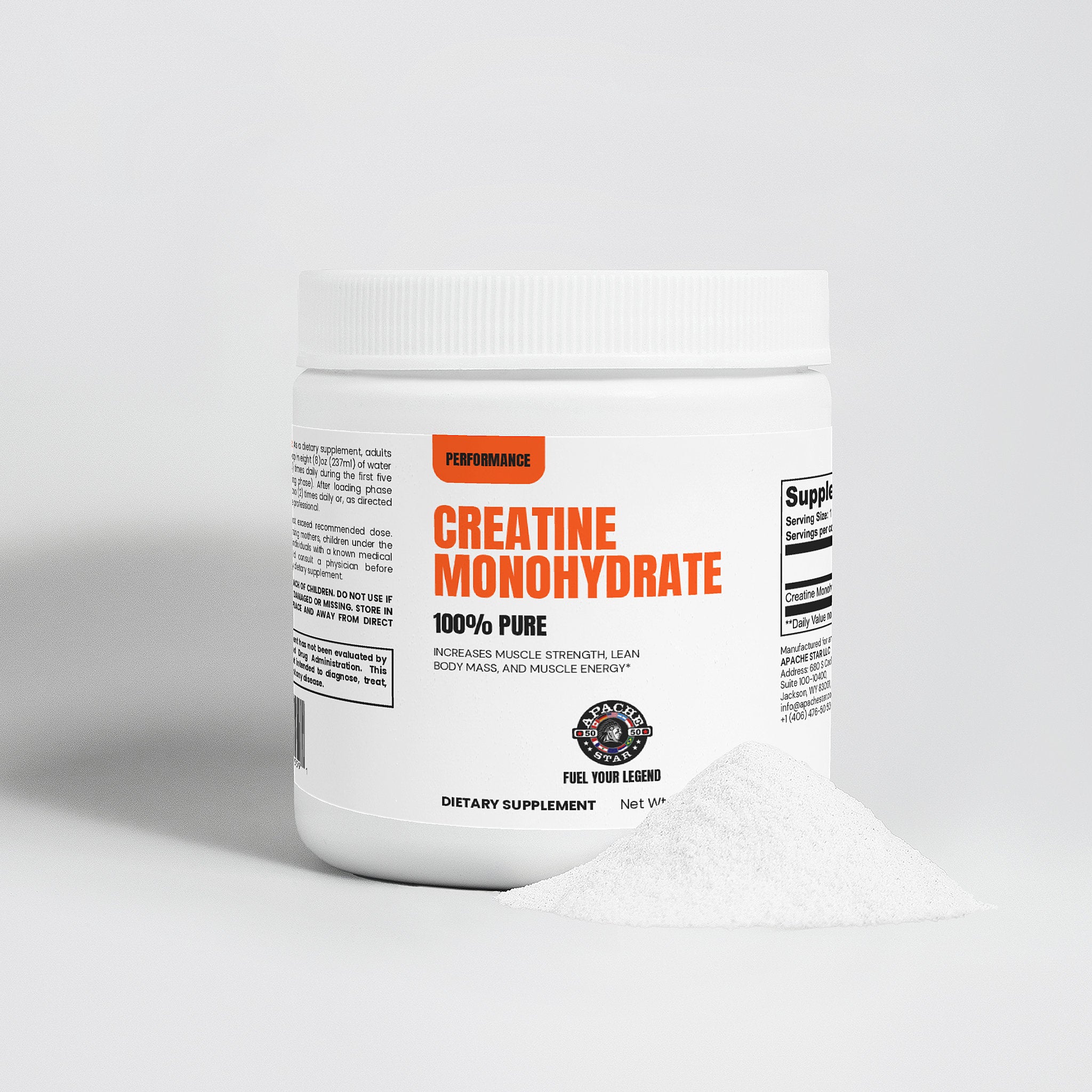 Supplement facts label on white creatine monohydrate jar