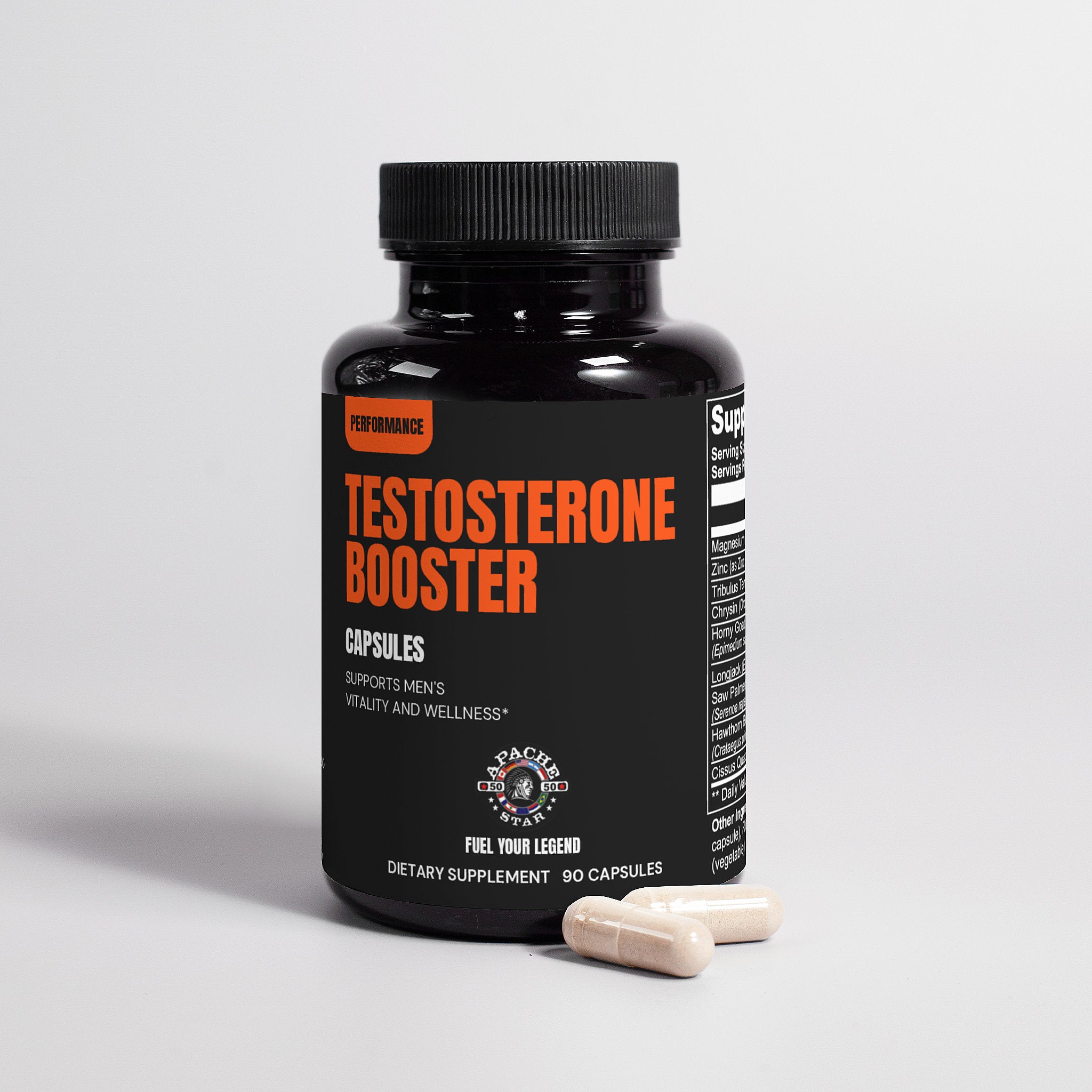 Black testosterone booster bottle with pills on white background