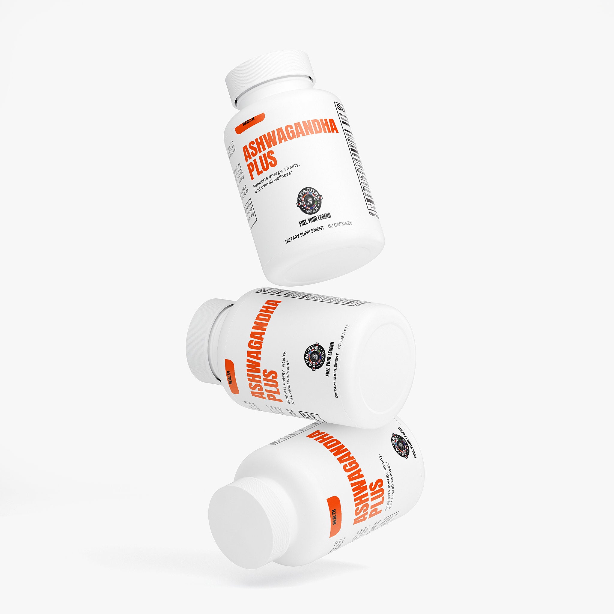 White bottle of Ashwagandha Plus dietary supplement with capsules spilling out