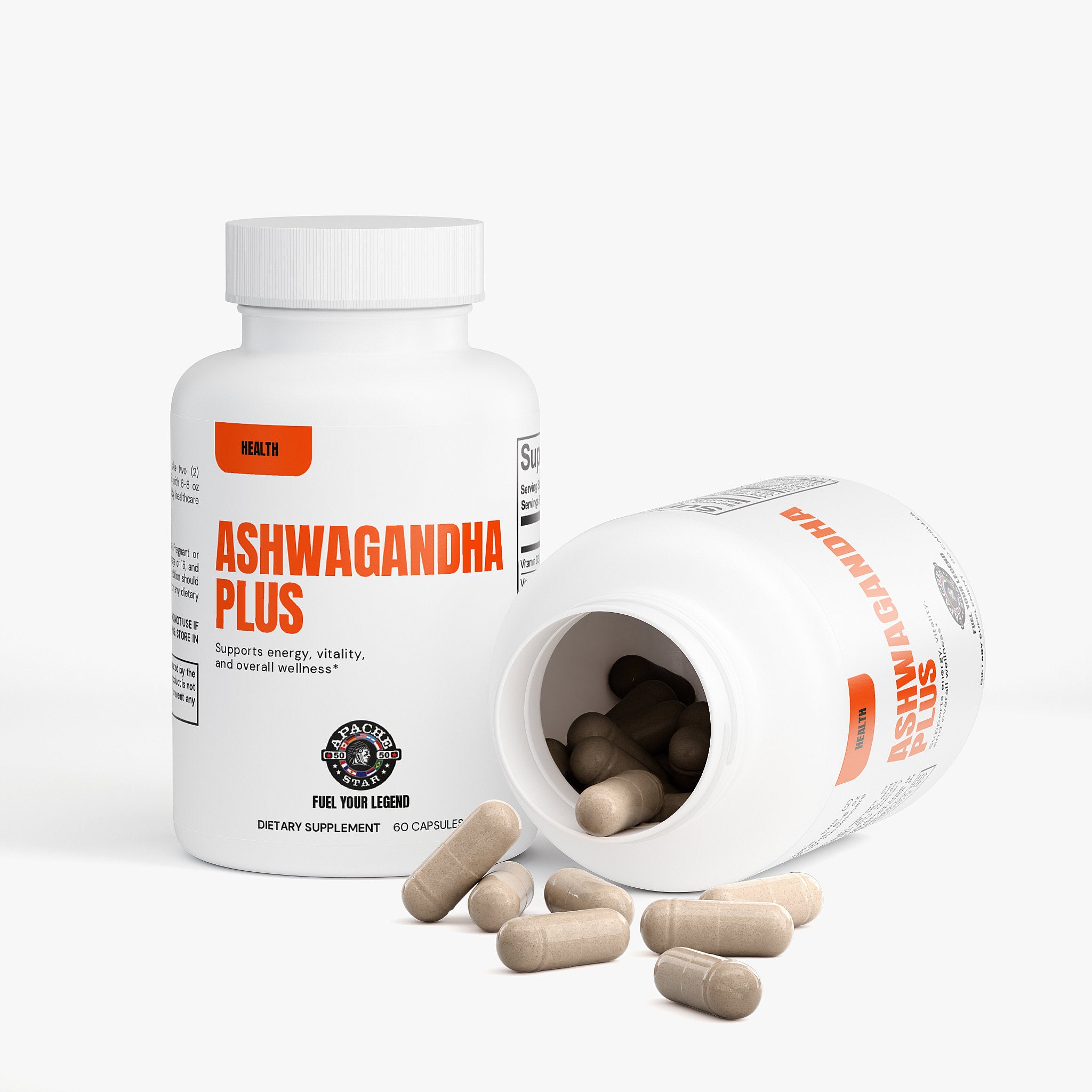 Capsules spilling from white bottle of Ashwagandha Plus supplement