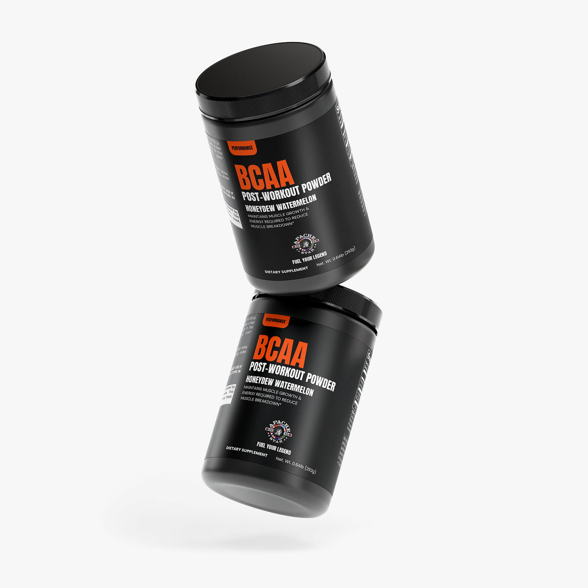Angled view of two black APACHE STAR® BCAA Post Workout Powder tubs