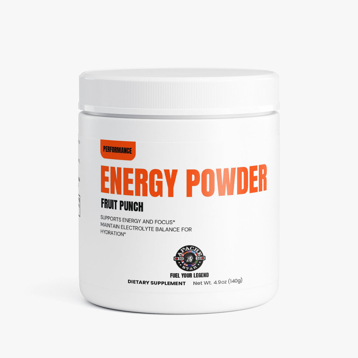 White APACHE STAR® Energy Powder tub with orange PERFORMANCE label, fruit punch, 4.9 oz (140 g)