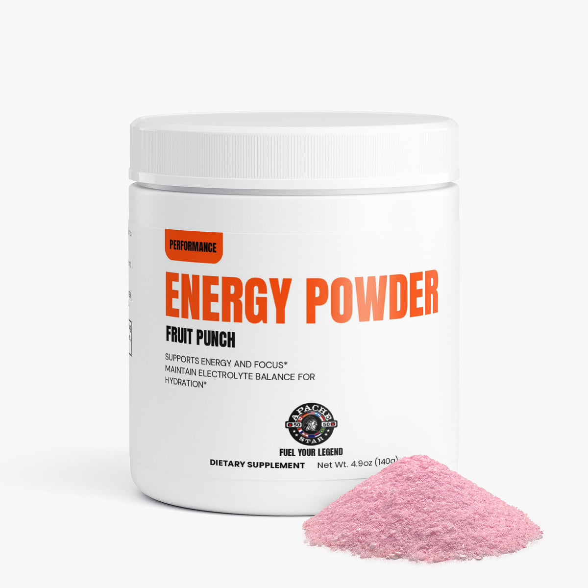 APACHE STAR® Energy Powder tub beside a pile of pink fruit punch powder