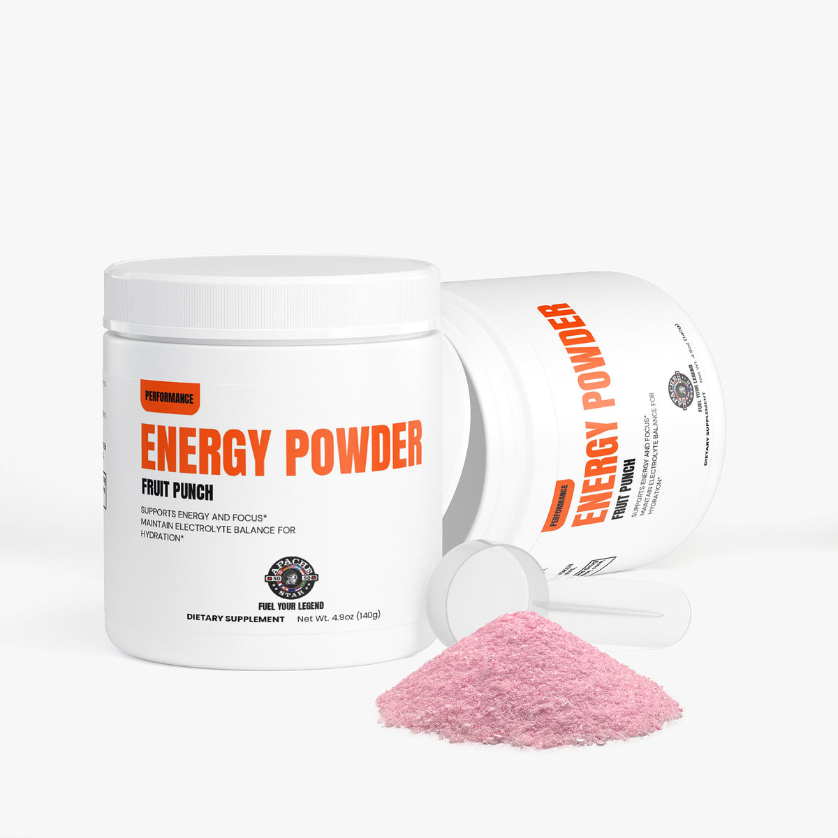 Two white APACHE STAR® Energy Powder tubs with dosing scoop — 3 month supply