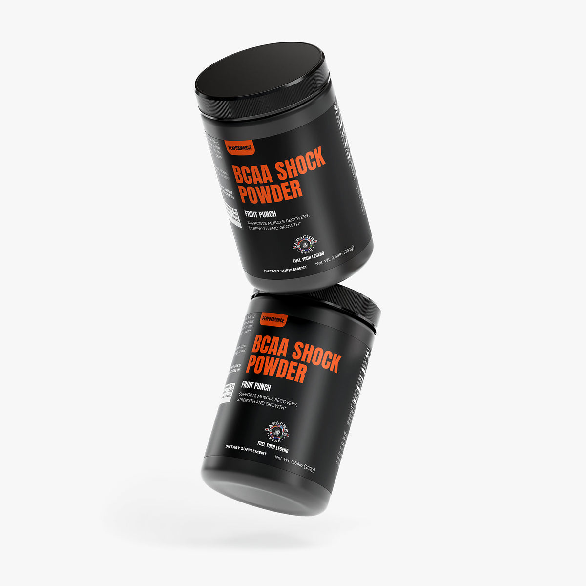Two black APACHE STAR® BCAA Shock Powder tubs at angles