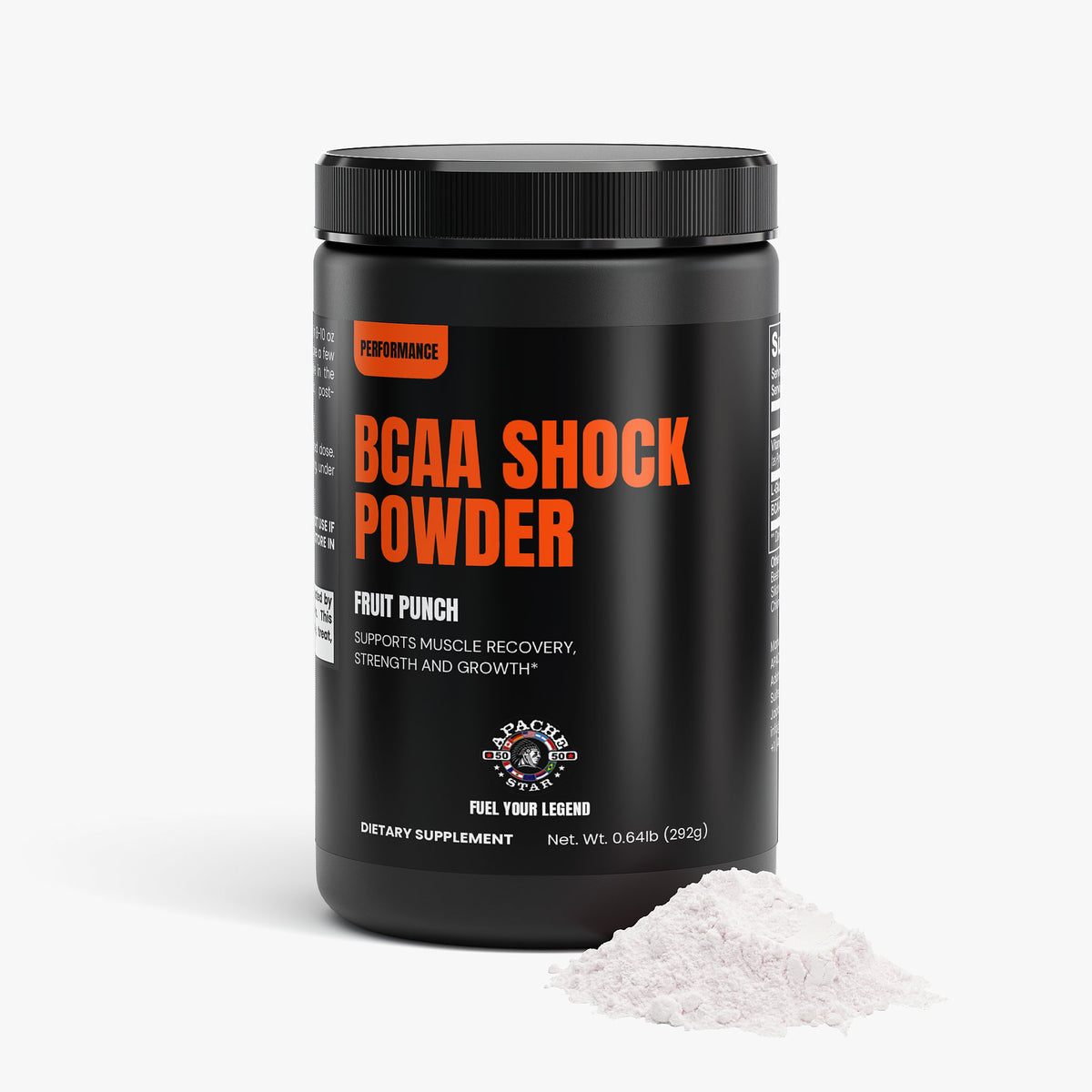 APACHE STAR® BCAA Shock Powder tub with orange PERFORMANCE label, fruit punch flavor