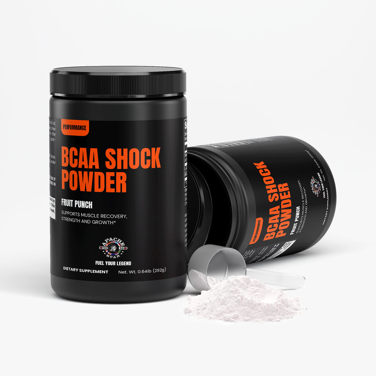 Two black APACHE STAR® BCAA Shock Powder tubs with dosing scoop — 3 month supply