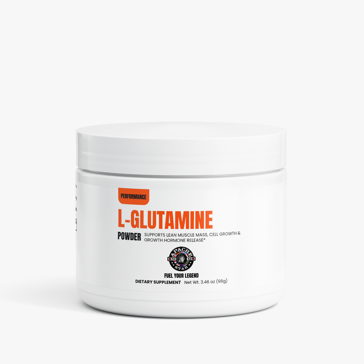 White APACHE STAR® L-Glutamine Powder jar with orange PERFORMANCE label, 3.46 oz (98 g) amino acid supplement for muscle recovery