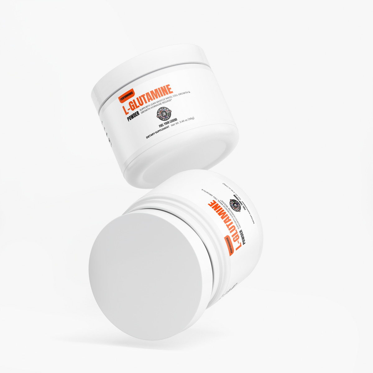 Angled view of two APACHE STAR® L-Glutamine Powder jars, one with the lid removed, 98 g dietary supplement