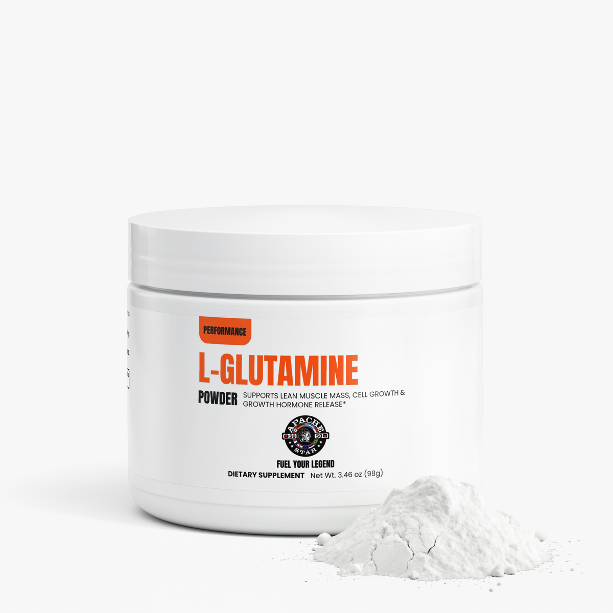 APACHE STAR® L-Glutamine Powder jar beside a pile of unflavored white powder, pure amino acid supplement for post-workout recovery