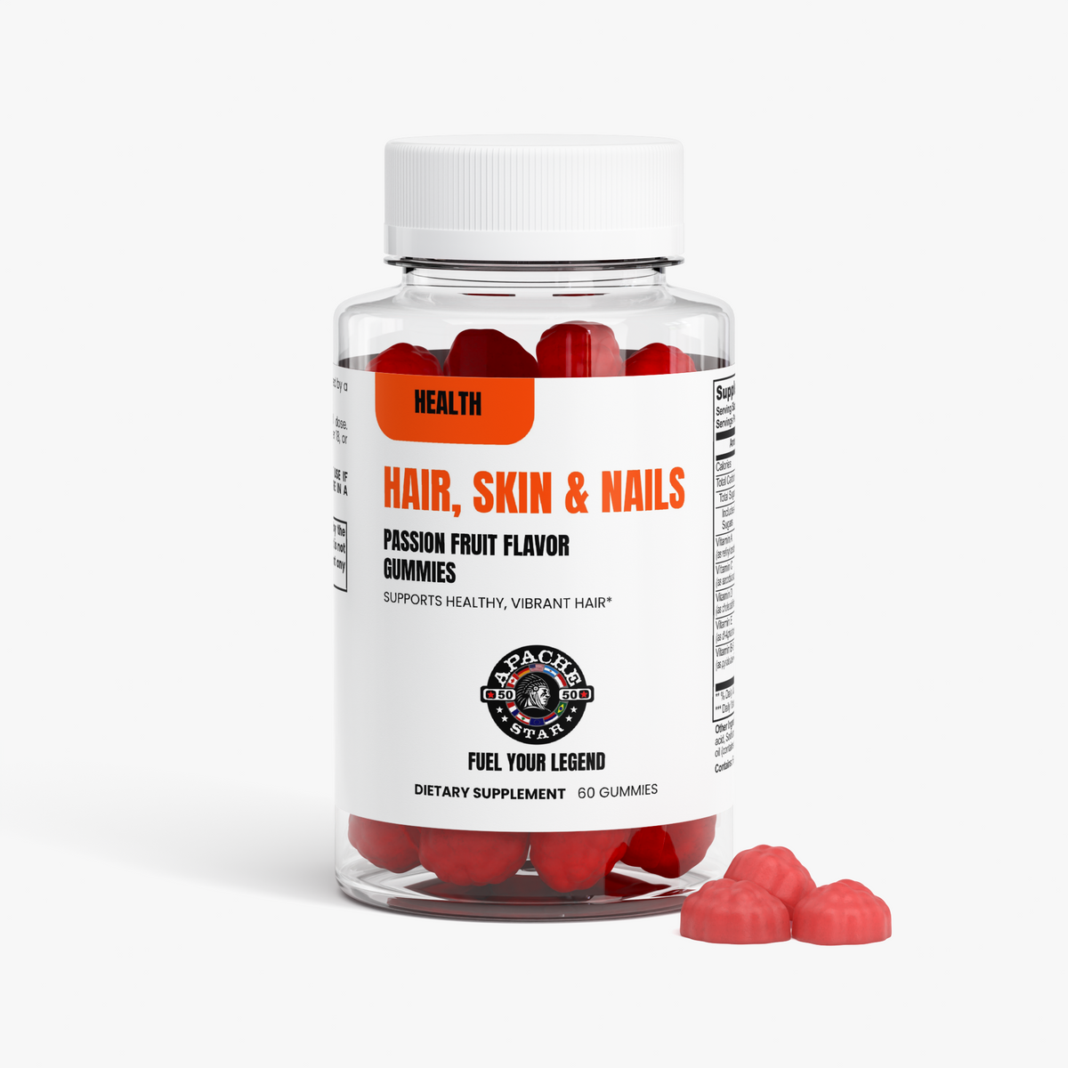 APACHE STAR® Hair, Skin & Nails Gummies bottle with three red passion fruit gummies beside it