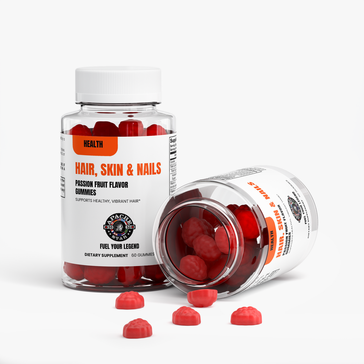 Two APACHE STAR® Hair, Skin & Nails Gummies bottles, one tipped on its side with red gummies spilling out