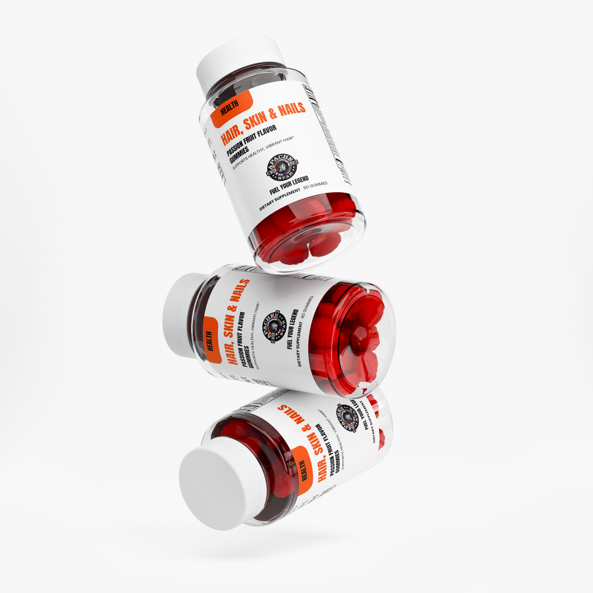 Three APACHE STAR® Hair, Skin & Nails Gummies bottles at angles, red gummies visible through the clear bottle