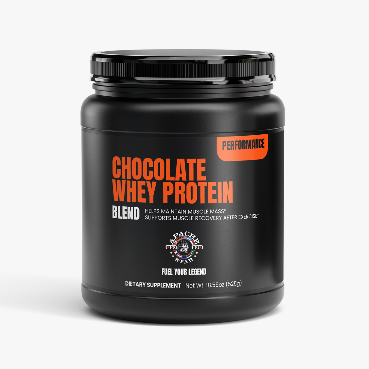 Black APACHE STAR® Chocolate Whey Protein Blend jar with orange PERFORMANCE label, 18.55 oz (525 g)