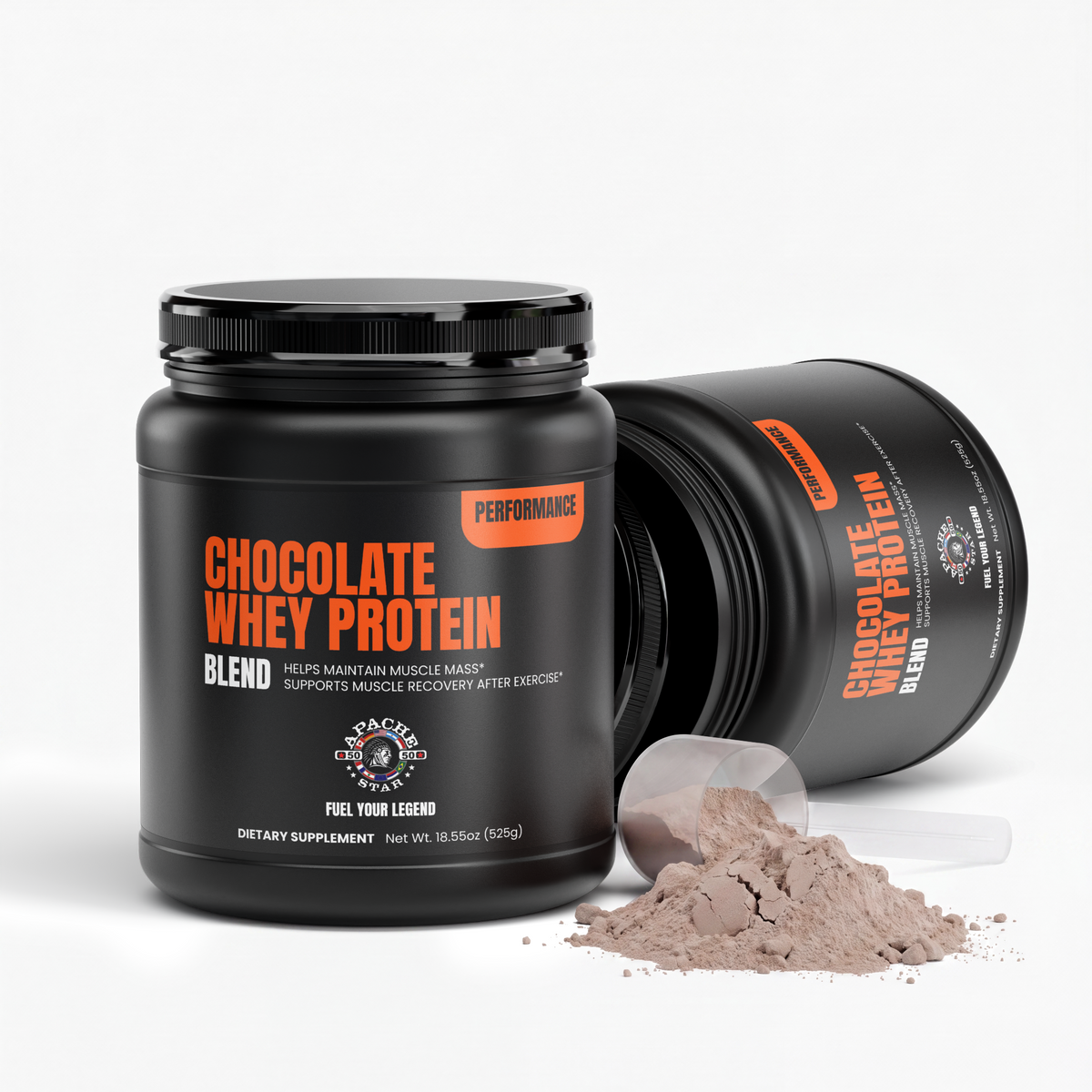 Two black APACHE STAR® Chocolate Whey Protein Blend jars with dosing scoop and loose chocolate powder, showing the 35 g serving