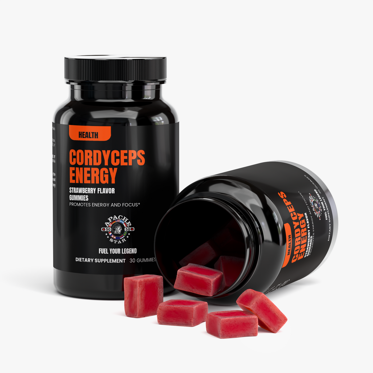 Two black APACHE STAR® Cordyceps Energy Gummies bottles with pink strawberry gummies — 2 month supply