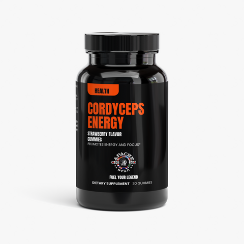 Black APACHE STAR® Cordyceps Energy Gummies bottle with orange HEALTH label, strawberry flavor, 30 gummies