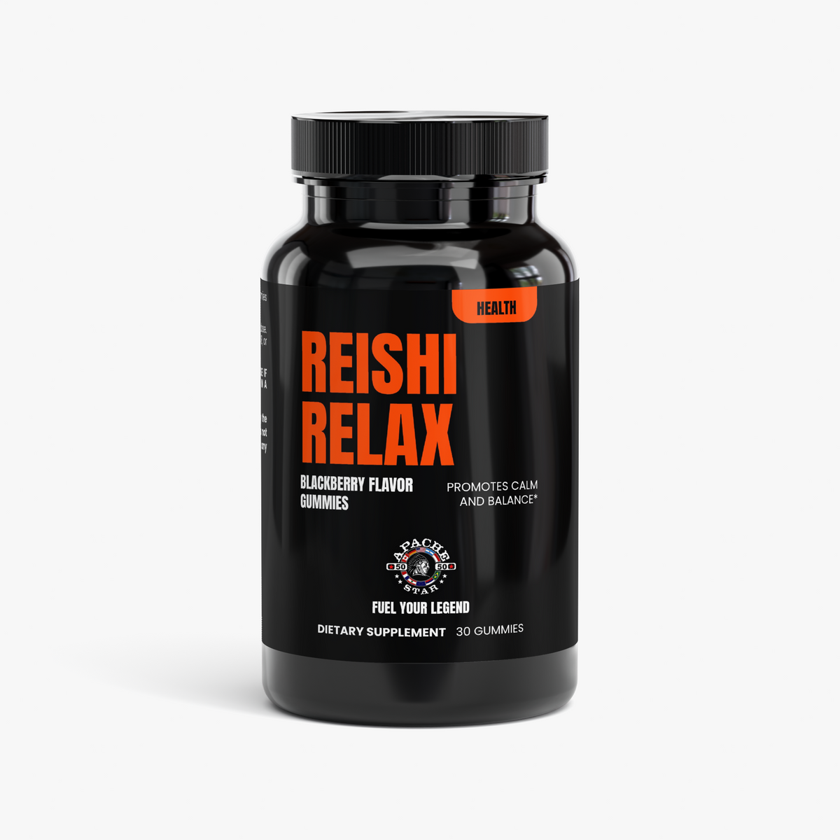 Black APACHE STAR® Reishi Relax Gummies bottle with orange HEALTH label, 30 gummies
