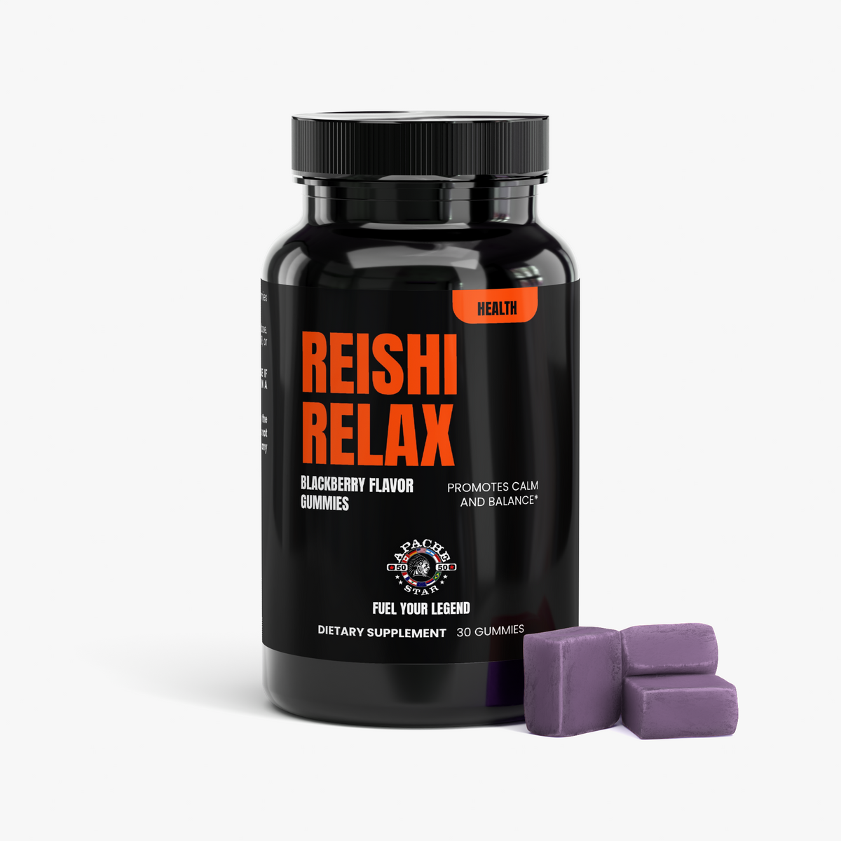 APACHE STAR® Reishi Relax Gummies bottle with three purple blackberry gummies beside it