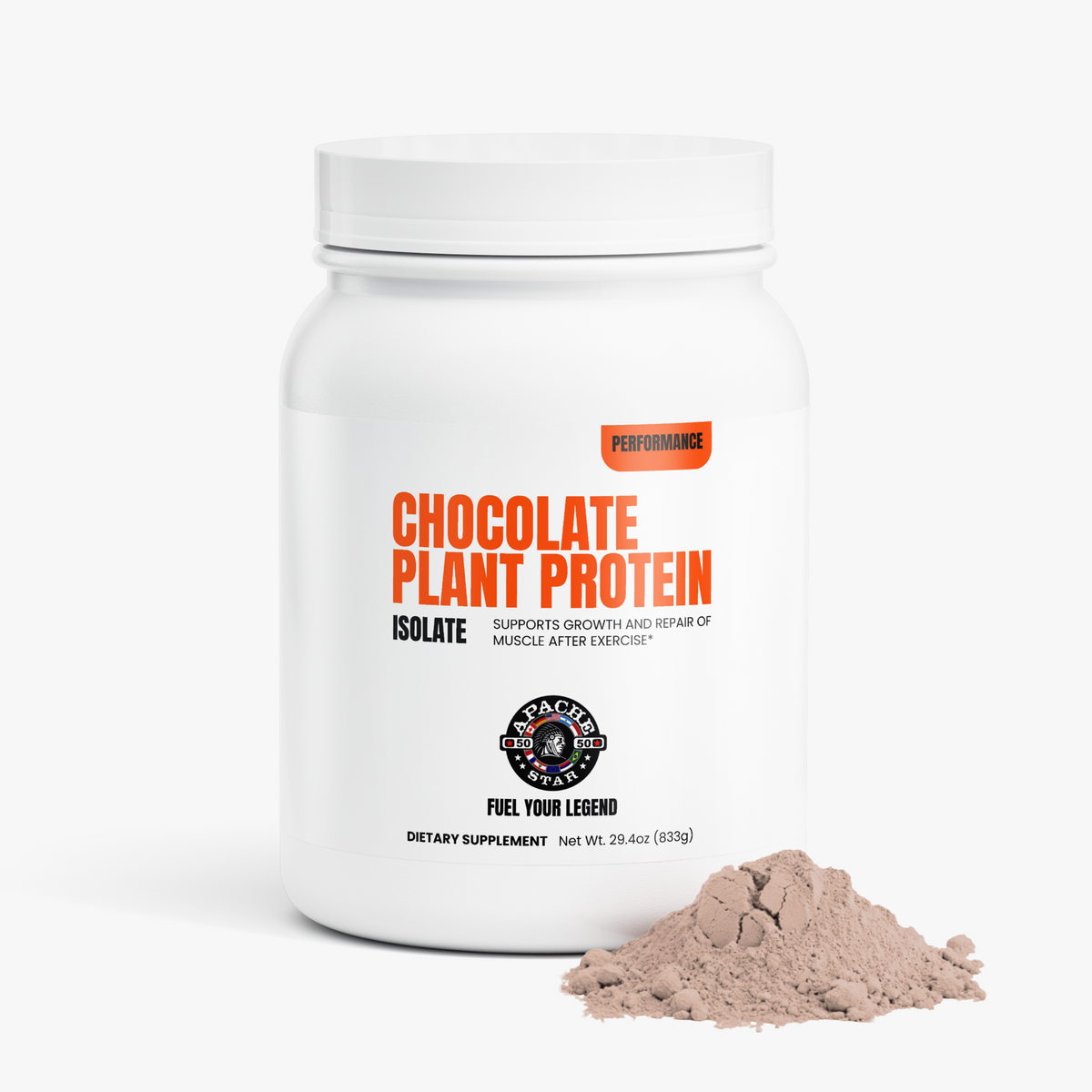 APACHE STAR PLANT PROTEIN (CHOCOLATE) — tub with loose powder beside it