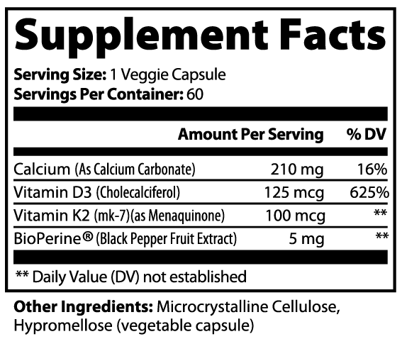 Supplement Facts label for Bone & Heart Support by APACHE STAR showing Calcium, Vitamin D3, Vitamin K2, and BioPerine content per capsule.
