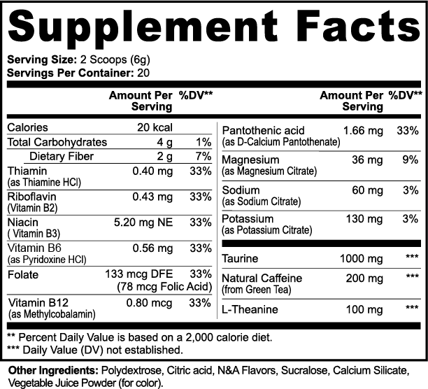 Supplement facts label for Yuzu Energy Powder by APACHE STAR showing ingredients like caffeine, L-theanine, B vitamins, and electrolytes for energy and hydration.