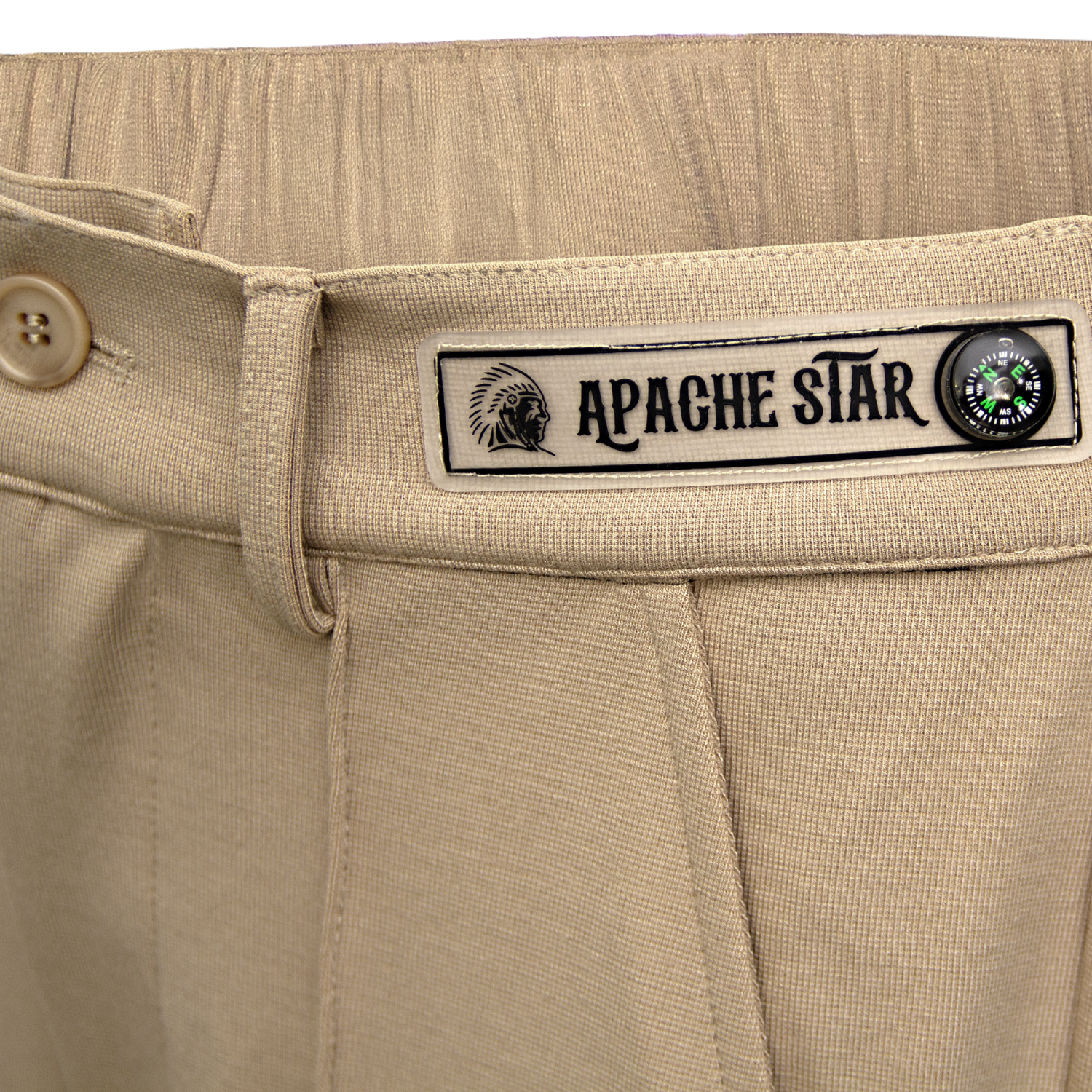 Beige pleated sweatpants CASUAL CHAMP by APACHE STAR® detail shot premium fabric 320g woven blend.