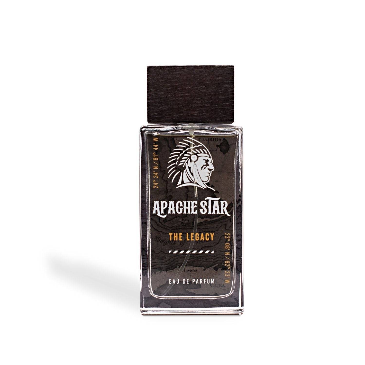 APACHE STAR® The Legacy Eau de Parfum 100ml bottle with dark wood cap and tribal design, a woody men's fragrance in premium packaging.