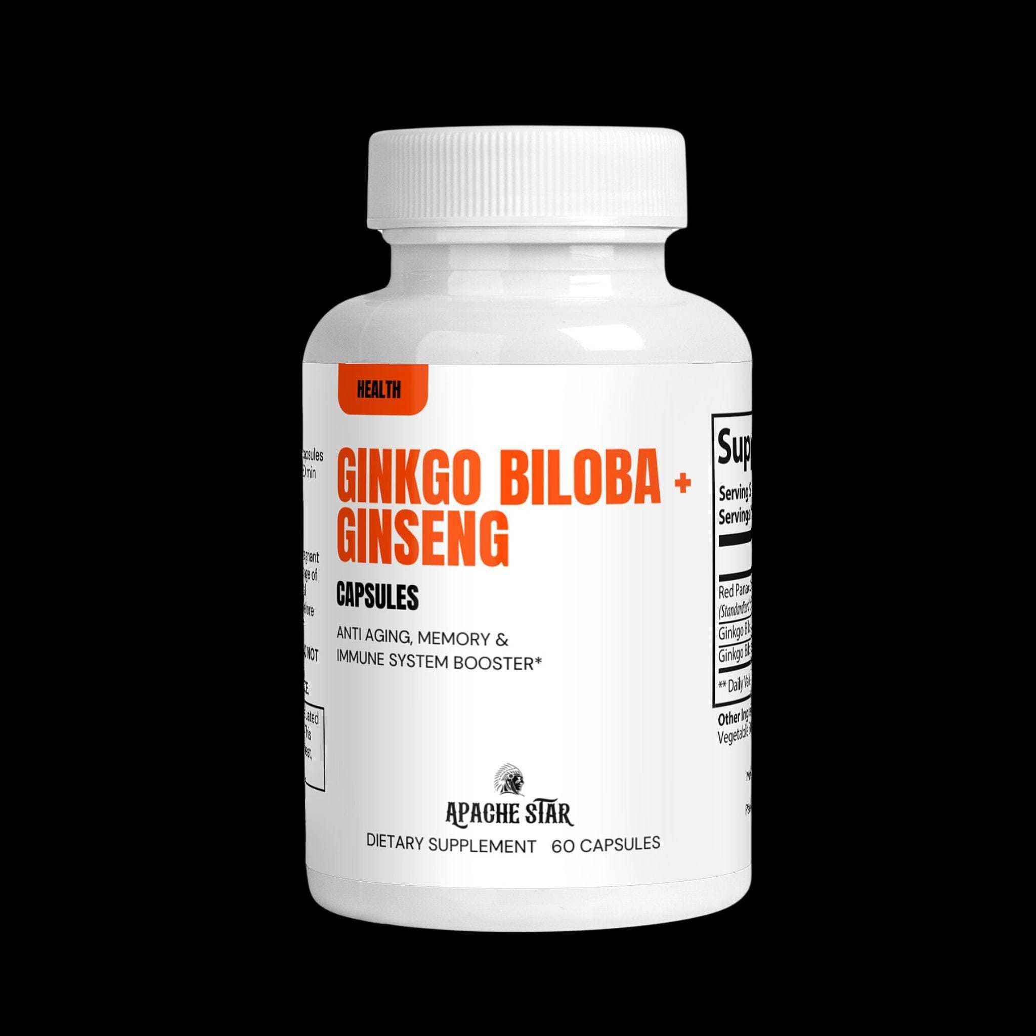 Ginkgo Biloba & Ginseng supplements by APACHE STAR in a white bottle with bold orange label. Supports memory, immune boost, and antioxidant health.