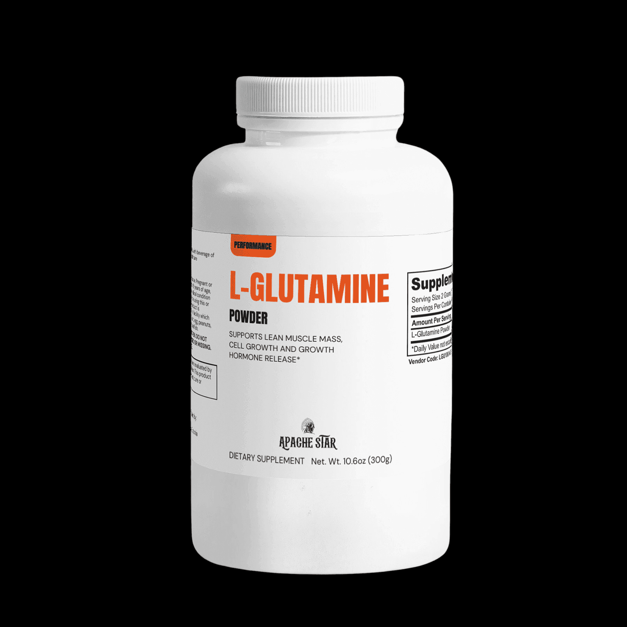 L-Glutamine Powder by APACHE STAR in a 300g white bottle for muscle growth, strength, and performance enhancement. Ideal for fitness and recovery.