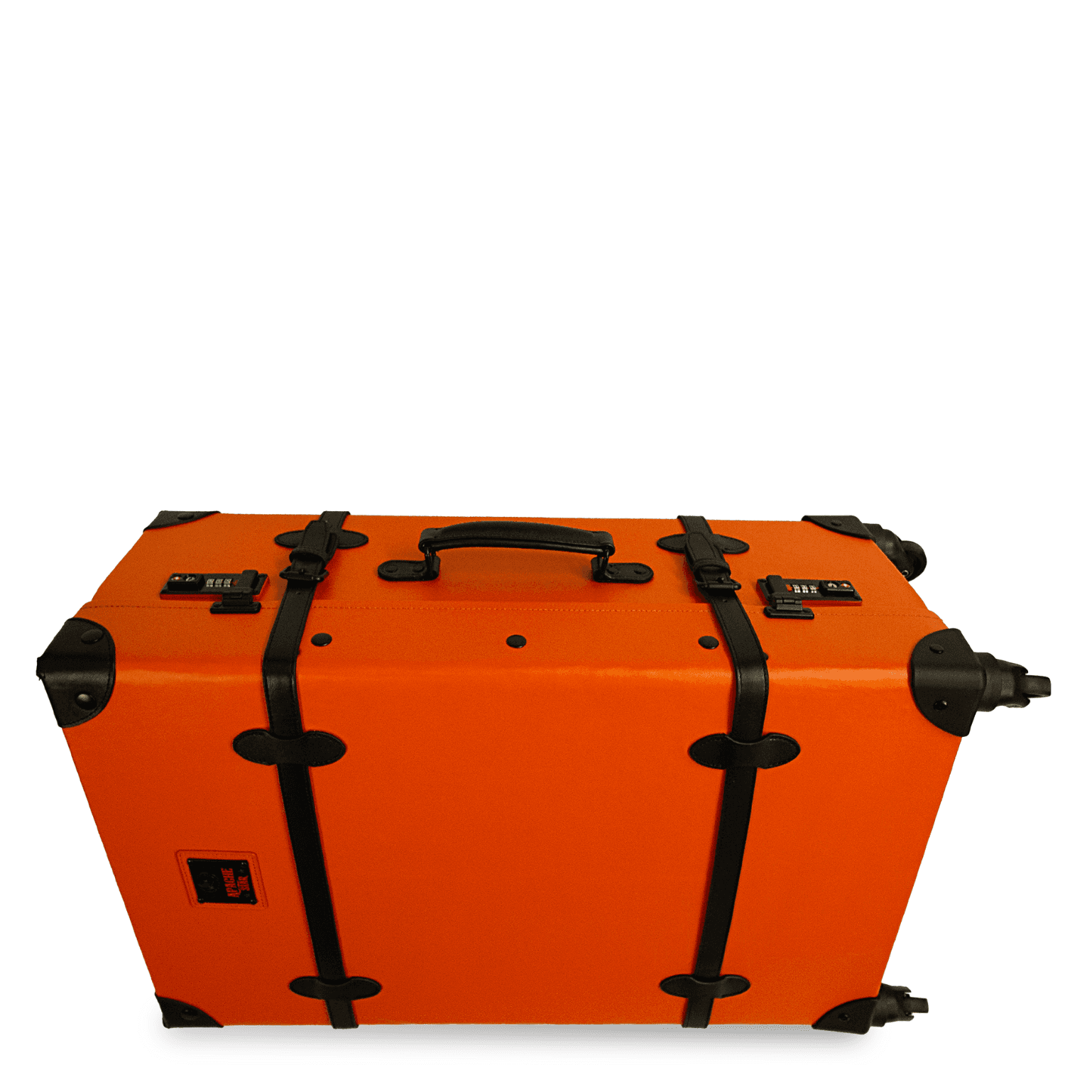 Side view of APACHE STAR® Signature Orange vintage trunk luggage with black leather straps, TSA locks, and spinner wheels.