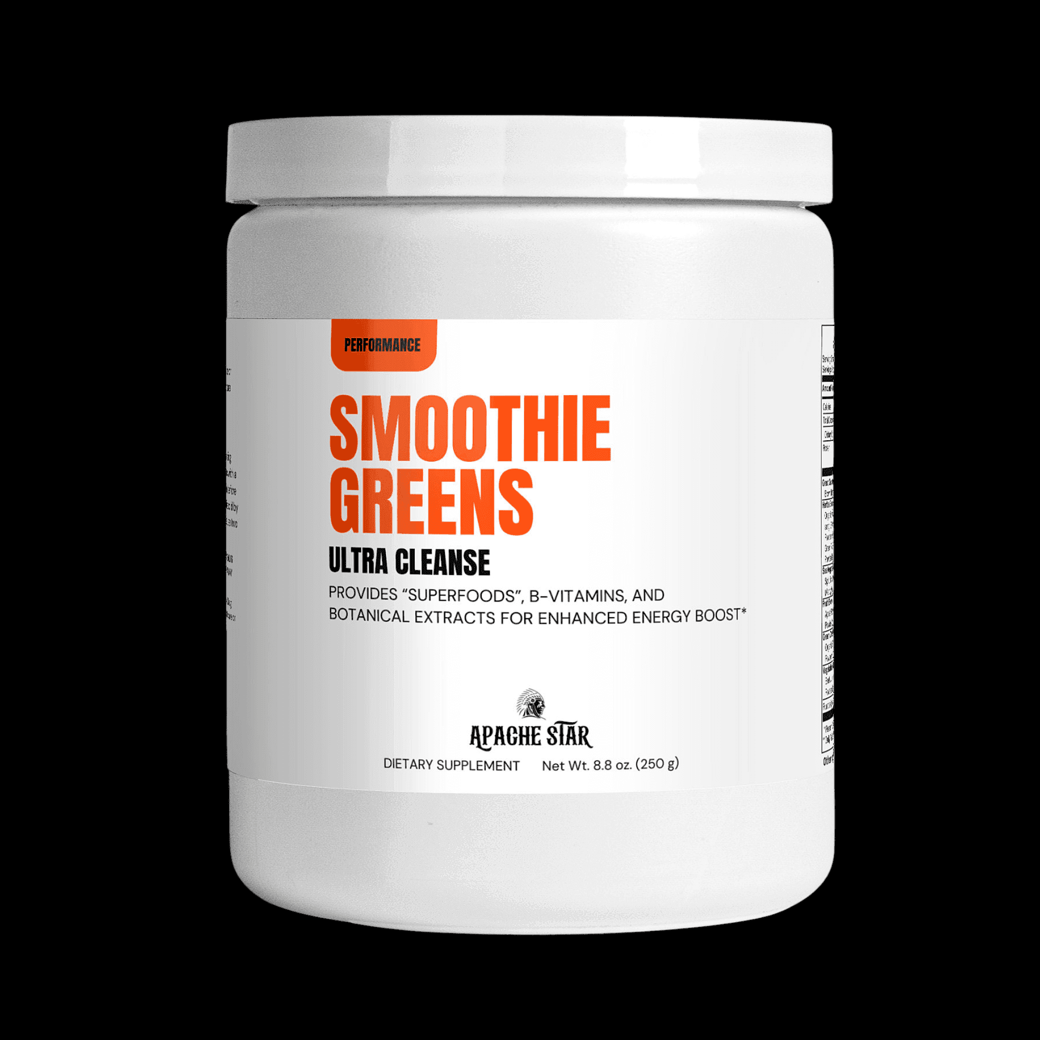 Smoothie Greens Ultra Cleanse Superfood Blend by APACHE STAR in white jar, designed for energy, liver health, and overall wellness support.