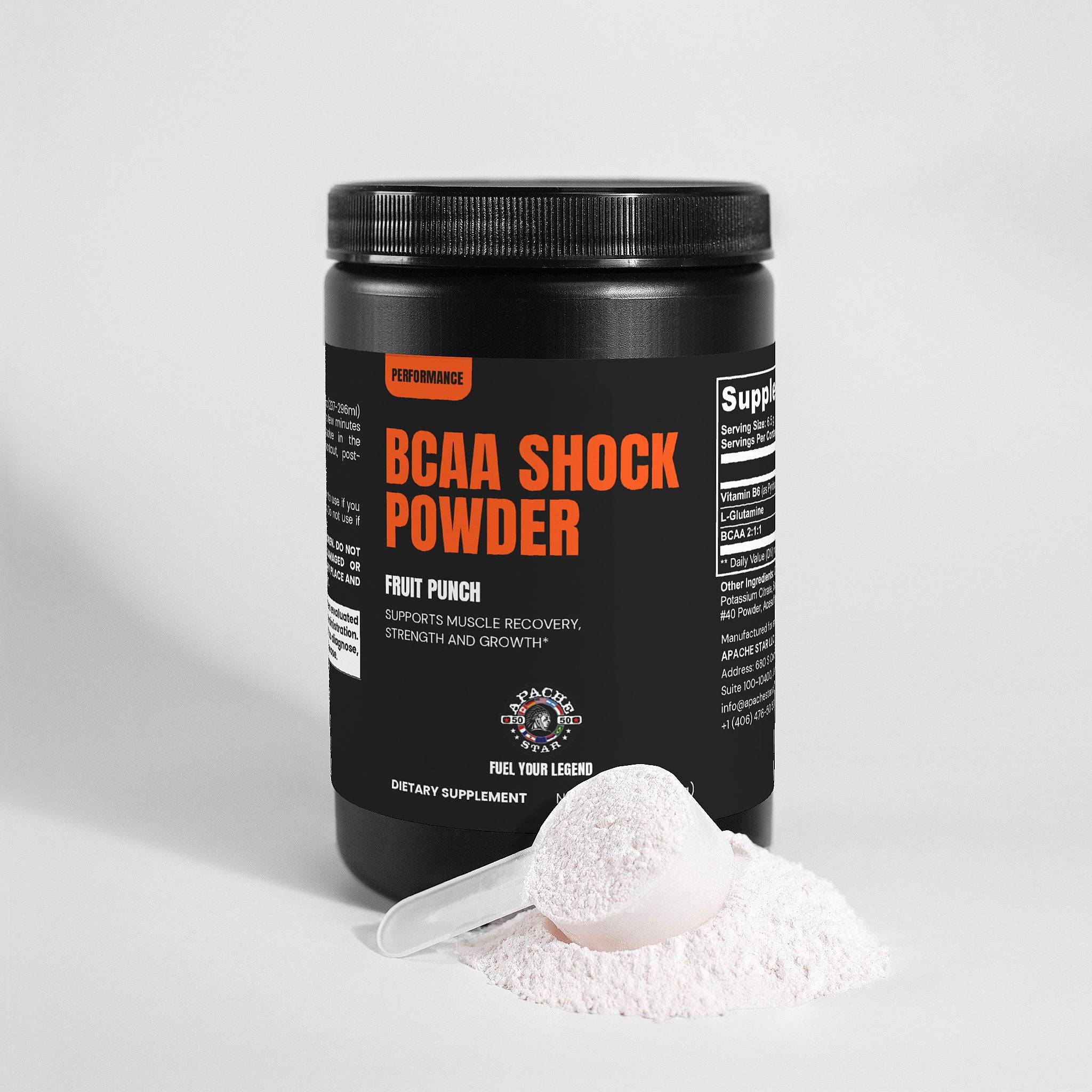 BCAA Shock Powder Fruit Punch by APACHE STAR® with scoop of powder displayed. Boosts muscle recovery, strength, and performance with amino acids blend.