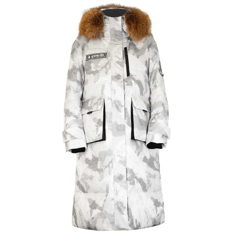 White down coat with fur collar and patches, front view